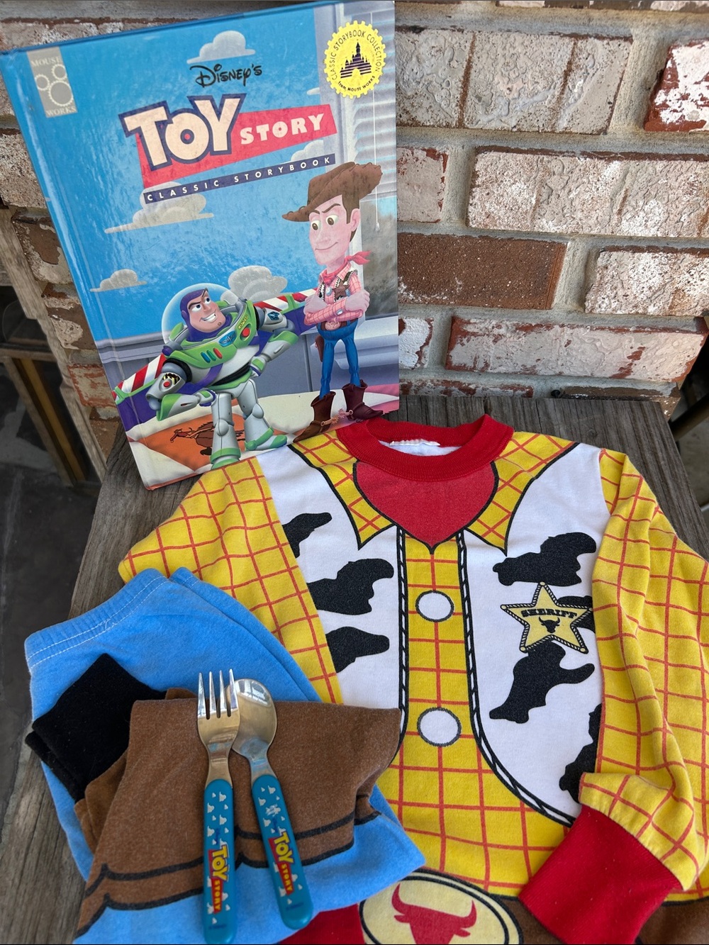Vintage Disney Pixar Toy Story Woody jumpsuit Toy Story fork spoon set Storybook